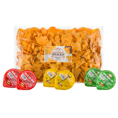 Nachos o smaku BBQ 750g + sos serowy 2 x 90 g + sos salsa 2 x 90 g + sos śmietanowy 2 x 90 g