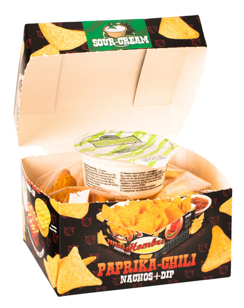 Hombre Nachos BOX Chili 100G  z sosem ŚMIETANOWYM